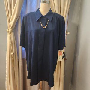 NWT Vtg. Leni Leni Hidden Buttons Attached Necklace Silky Blouse Dark Blue 20W